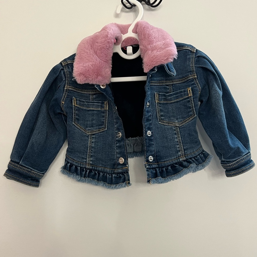 Mayoral Blue Denim Fleece Lines Jacket with Pink Faux Fur Collar